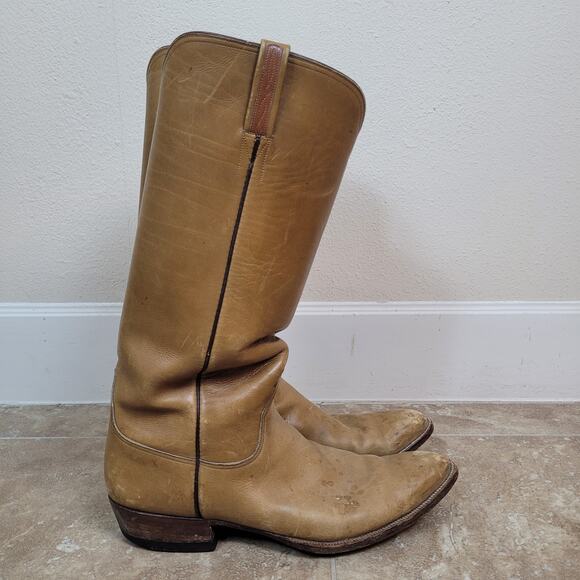 VTG Lucchese Boots 11.5 Tan Royal Calf Leather Ranch Military 70s 80s Stovepipe - Picture 2 of 16